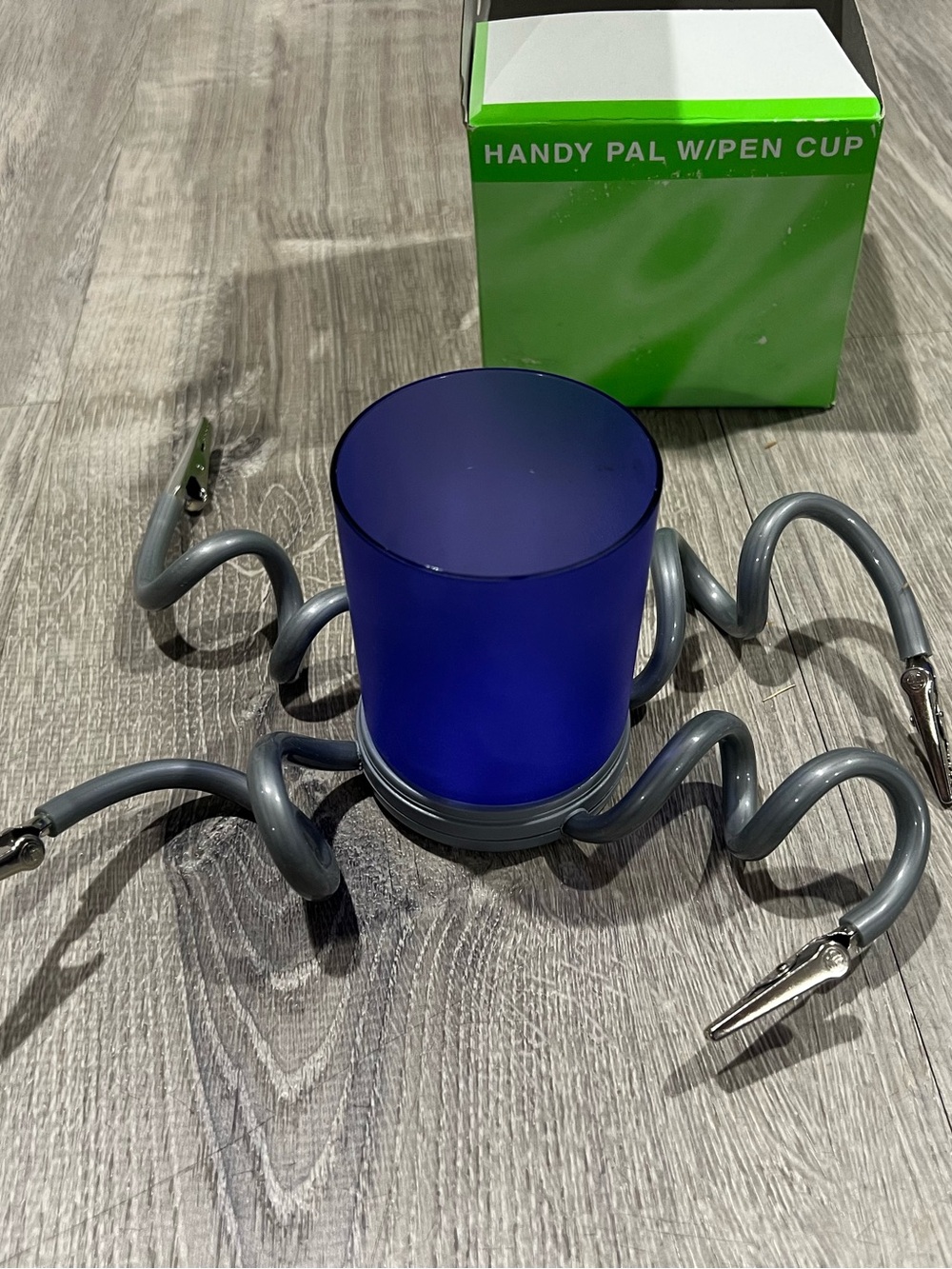 Blue Handy Pal Pen Cup with Flexible Clip Arms that bend NIB